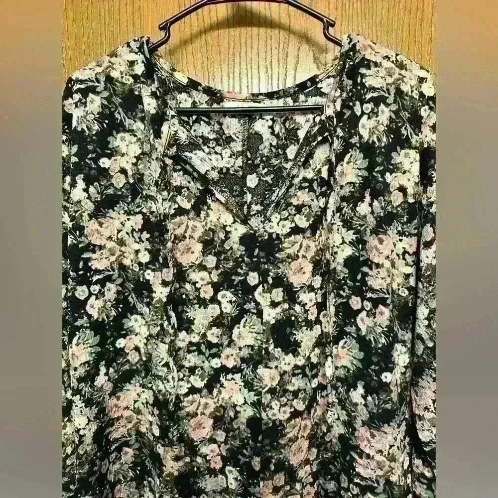 Maurices Black Floral Long Sleeve Babydoll Casual Mini Dress Size Large - Picture 2 of 5